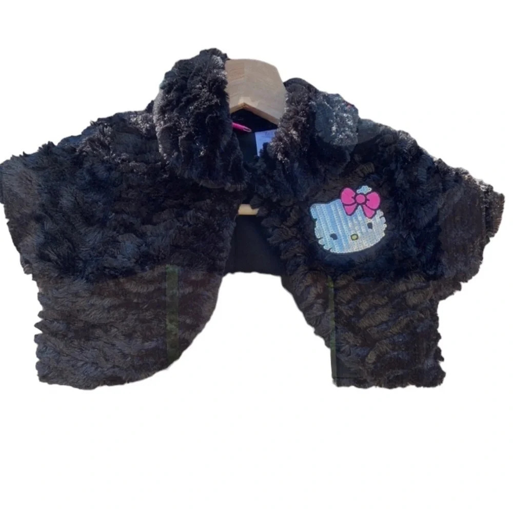 Hello Kitty girl's small black faux fur shoulder jacket